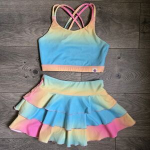 Cheeky Plum Pastel Rainbow Ruffle Skirt & Crisscross Top Set 8Y Boutique Skort